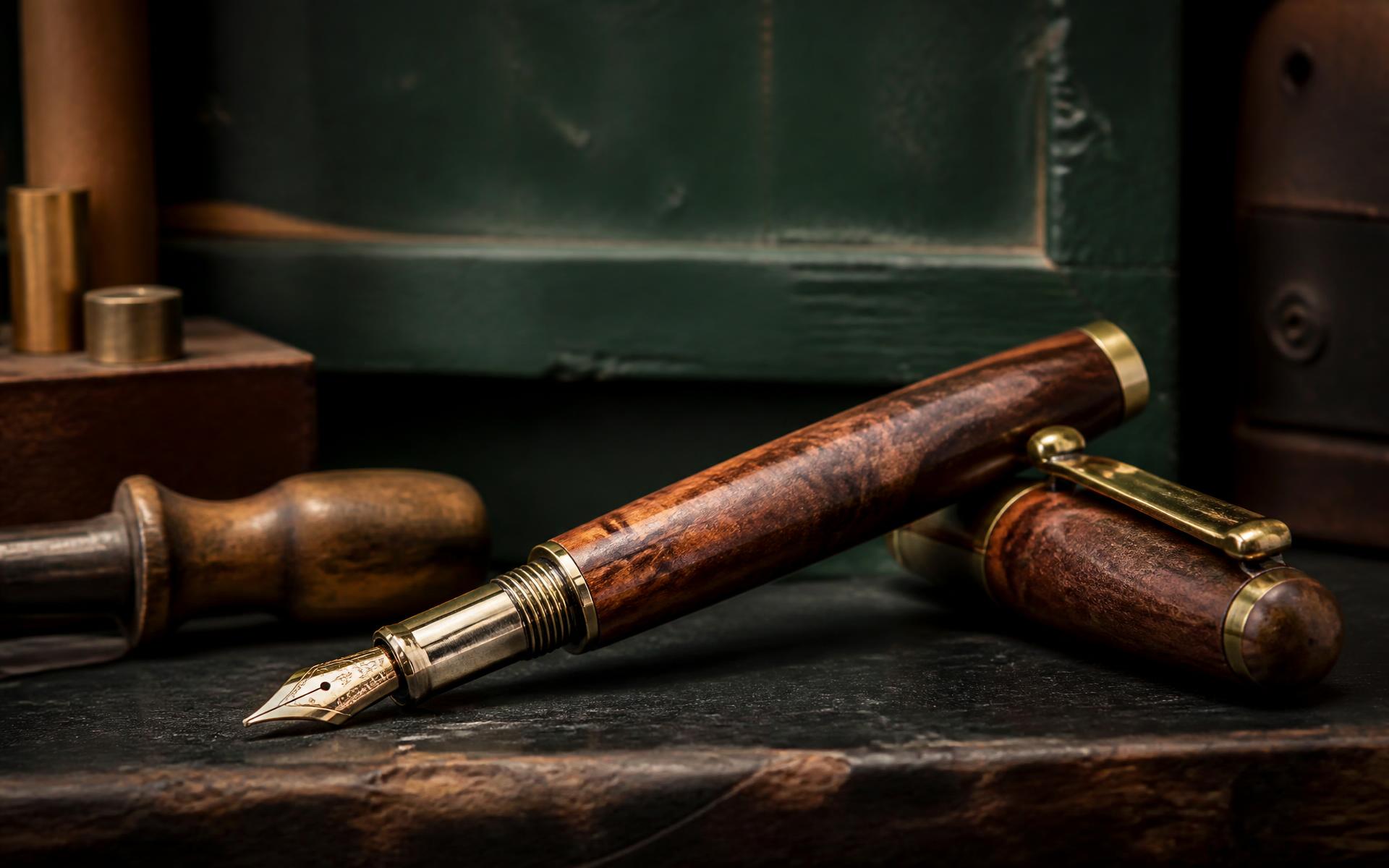 Close-up of a hand-turned walnut fountain pen with brass hardware on a workshop bench
